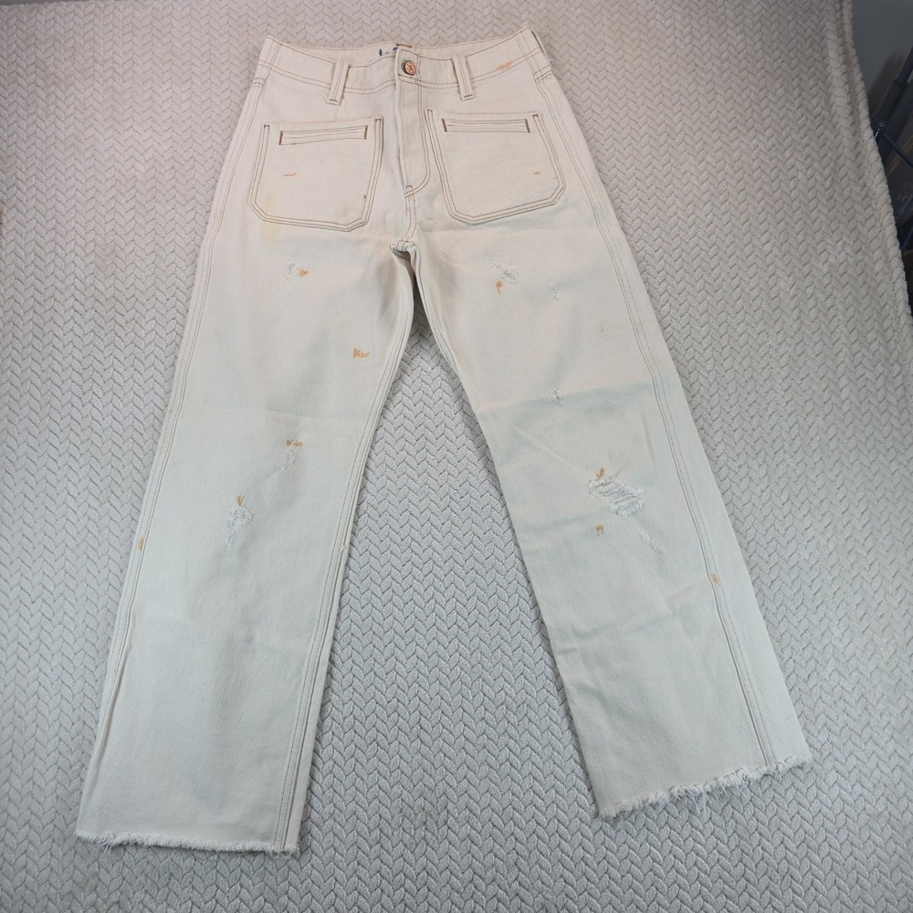 We The Free Free People Cream Wide Leg Utility Jeans Distressed Raw Hem Size 26